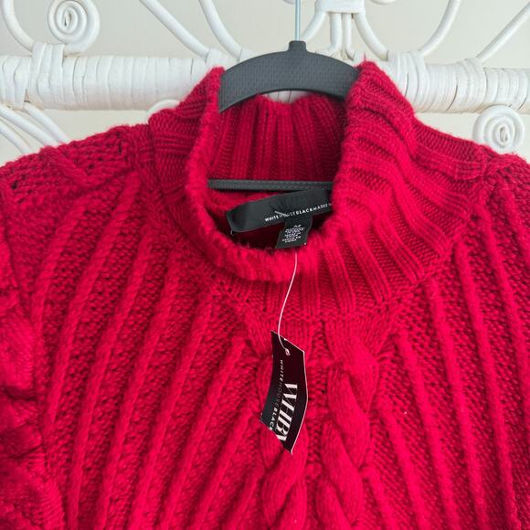 White House Black Market Sweater Medium Red Cable Knit Puff Sleeve Turtleneck - Picture 7 of 14
